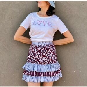 Sandro Paris Eyelet‎ Cotton Tiered Mini Skirt Size 3 Ruffle Stripe Floral Prep